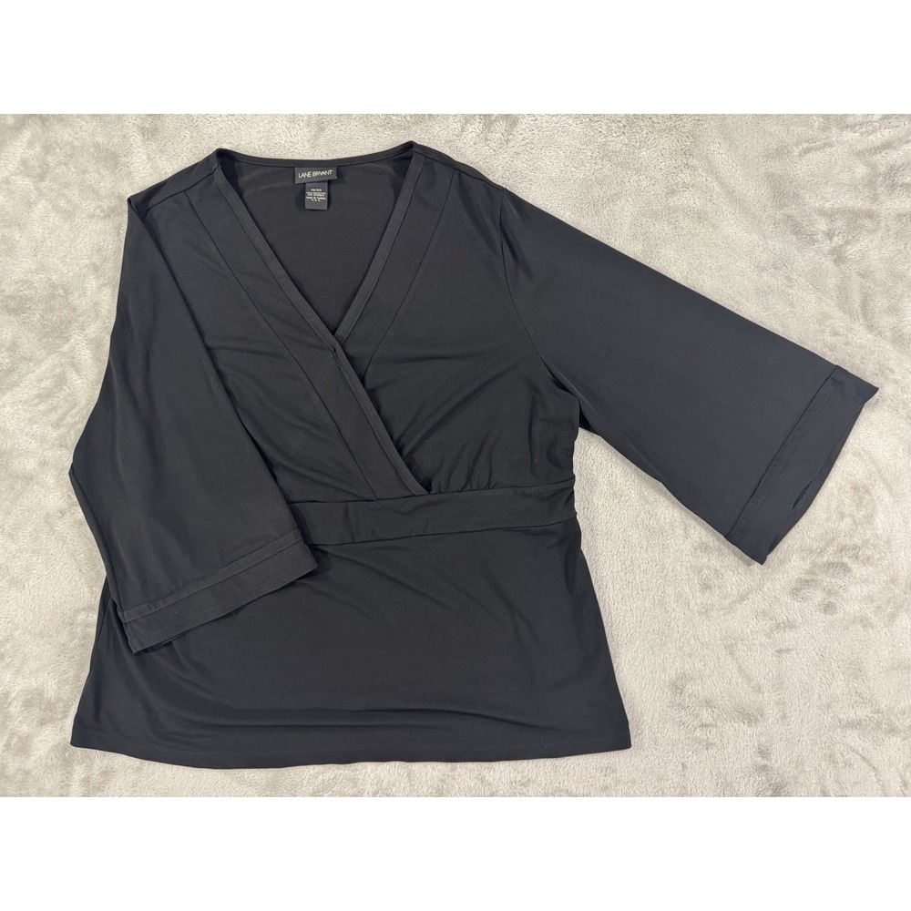 Lane Bryant Top Womens 18/20 Plus Black Surplice V Neck Faux Wrap Stretch Preppy